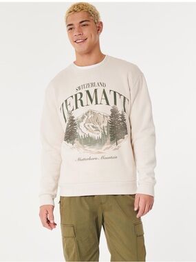Hollister Men’s Crewneck Relaxed Fit Sweatshirt Switzerland Graphic Cream Green